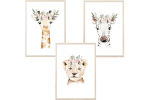 MeinBaby123® Set di 3 immagini per cameretta dei bambini, formato DIN A4, immagini da parete, decorazione per la cameretta dei bambini, giraffa, poster da parete Premium (copricapo animali, set 1)