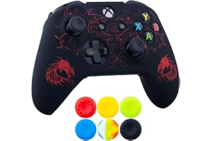 9CDeer 1 x Stück SchutzfolieLasergravur Silikon Hülle + 6 Thumb Grips & Staubdichte Stecker für Xbox One S/X-Controller Drachen rot