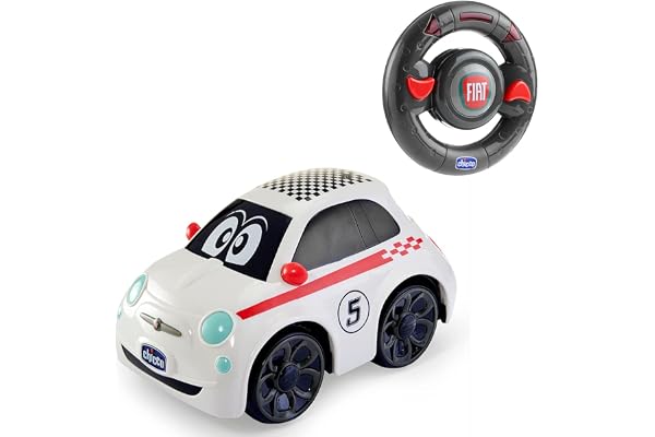 Chicco Fiat 500 RC Voiture de Sport Télécommandée, Radiocommandée avec Volant Intuitif, Véhicule à Moteur RC avec Sons et Klaxon - Jouets pour Enfants de 2+ Ans - Blanc
