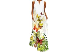 WINKEEY Vestido Maxi para Mujer Estampado Floral Mariposa Bohemio con Bolsillos Sin Mangas Talla Grande