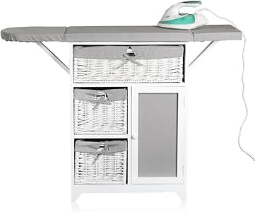 Melko Kommode 2 in 1 + Bügeltisch Bügelbrett mit Weidenkörben Weiß Grau