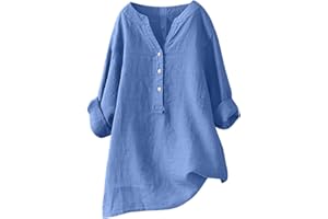 XTBFOOJ Donna Camicia a Manica Lunga in Lino e Cotone con Colletto a Righe e Bottoni, Perfetta per la Primavera e L'Estate, Leggera, Confortevole e Traspirante, Resistente All'Elettricità Statica Maglietta