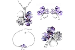 KBRPEY 4 Pezzi Parure Gioielli Trifoglio Cristallo Collana Orecchini Bracciale Anello Set Donna Elegante Accessori Brillanti
