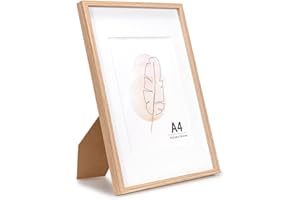 KAIWIN A4 Picture Frame Oak, Wooden Poster Frame suitable for 6x8 with mat, 21X29.7 cm Picture Frames for Tabletop and Wall Mounting Display for Home, Office,Gallery,Holiday
