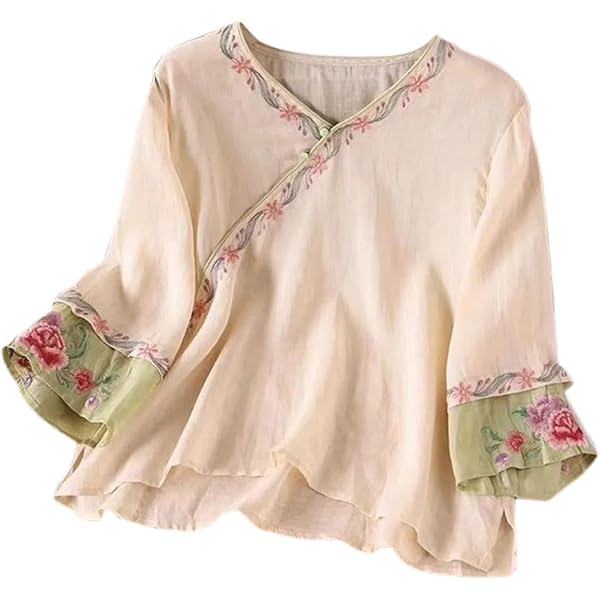 FAVIPT Linen Shirts For Women 3/4 Lace Length Sleeve Blouses Vintage Embroidered Boho Gauze Tops V Neck Patchwork Bandage Tunic Tees Summer 2025 White,L-703103