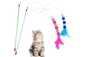 Feibety 2Pcs Cat Feather Toys Cat Wand Toys with Bell and Plush Balls,Colourful Interactive Kitten Teaser Pet Toy Wire Chaser Wand Teaser Indoor Playing Exercising Interactive Training（Blue + Purple）