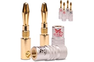NAUC Bananenstecker für Lautsprecherkabel - 6 Stück Stecker als Set - Steckverbinder 24K vergoldet schraubbar - für HiFi Receiver Verstärker