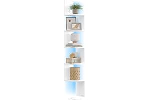 VASAGLE Wall Mounted Corner Shelf with RGB LED Lights, 5-Tier Floating Corner Bookshelf, Plant Shelf, for Bedroom, Living Room, Bathroom, Office, Button and Remote Control, Matte White LBC630W01