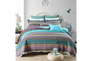 WONGS BEDDING pikowana narzuta na łóżko typu king-size, 100% bawełna, dwustronny wzór boho w paski z nadrukiem, pikowana narzuta na łóżko na cały sezon, 240 x 260 cm