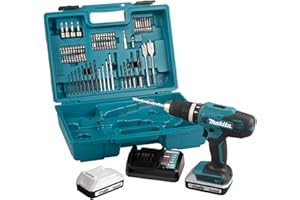 Makita HP488DAEX1 18V G-Series Combi Drill Complete with 2 x 2.0 Ah Batteries, Charger and 74 Piece Bit Set Supplied in a Carry Case, White, Grey