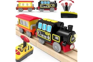 TOPLIVING Treno motorizzato per binari in legno, treno telecomandato con collegamento magnetico, treno locomotiva a batteria per bambini, compatibile con Thomas, Brio, Chuggington