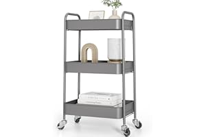 KINGRACK Carrito de Cocina de Metal de 3 Niveles con Ruedas, Carrito de Servicio y Carrito Multiusos para Cocina, baño, Oficina, sin Tornillos, fácil de Montar (Gris)
