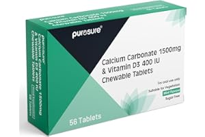 PUROSURE Calcium Carbonate 1500mg with Vitamin D3 400 IU – Mint Flavour | 56 Chewable Tablets | Bone & Teeth Health Easy-to-Chew Calcium + D3 Supplement (Mint Flavour - 56)