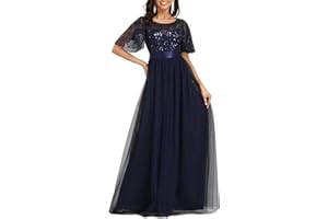 Ever-Pretty Robe de Soirée pour Mariage Demoiselle d'honneur Manches Courtes Taille Empire A-Line Tulle Longue Femme 00904