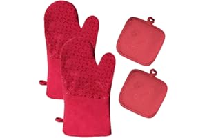 FDDE 2 Pezzi Presine e Guanti da Forno, Guanto Forno Resistente al Calore, Guanto Forno Cotone, Antiscivolo Silicone Guanti Forno, Guanti da Forno, per Grill, Forno, Cottura (Rosso)