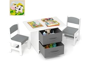 RELAX4LIFE Tavolo per Bambini con 2 Sedie Ergonomiche e 2 Cassetti in Tessuto Rimovibili, Set Scrivania e Sedia per Bambini dai 3 Anni in Su per Giocare e Studiare, Carico 50 kg (Grigio)