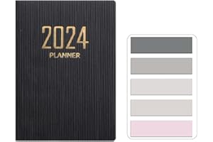 Morices Mini 2024 Daily Planner, PU Texture 120 Pages Appointment Diary Planner and Organiser from Jan 2024 to Dec 2024, A7 Size Pocket Calendar Notebook with Sticky Index Tabs Flags (Black)