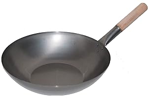 AAF Nommel ®, Wok - Padella piatta Ø 40 cm, in acciaio al carbonio, per piani cottura a gas e a induzione, con manico in legno