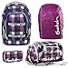 Produktbild satch by Ergobag Rucksack 4-tlg. Set Berry Carry Karo Lila Blau Rucksack, Sporttasche, Schlamperbox inkl. Geodreieck & Regencape Lila Violett