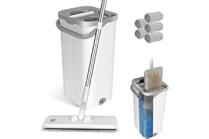 Masthome Mocio Lavapavimenti e Secchio, Mocio Piatto con Secchio, 5 Panni in Microfibra, Secchio per Mocio con Strizzatore, Mop Bagnato e Asciutto per la Pulizia di Pavimenti, Grigio