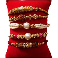 DMS RETAIL Different Pattern Pearl Beads Rudraksha Fabric Rakhi Set with Roli Chawal for Brother Bhaiya Bhabhi (Multicolour) - Pack of 5 Rakhis