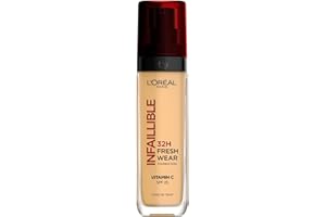 L'Oreal Paris Foundation, Infallible 32H Fresh Wear Foundation, longwear coverage, Radiant finish, Water, Sweat and Heat Resistant, Shade 140 Golden Beige, 9g