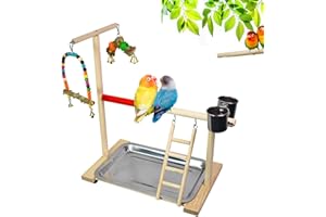 RoseFlower Supporto per Uccelli in Legno, Parco Giochi/Palestra/Set di Giocattoli, Trespolo per Pappagalli, Supporto per Pappagallo Portatile da Tavolo, con Posatoi, Scale, Altalena, Vassoio #1