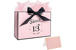 NWVUOP 11" 13th Birthday Gift Bag for Girls 13 Year Old Birthday Gift Wrapping Bag with Tissue Paper and Card(Pink and Black)