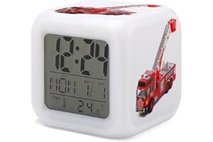 HUA5D Reveil Enfant Numérique,Thème Camion De Pompier Veilleuse À 7 Couleurs Changeantes Wake Up Light,Réveil De Chevet Garçon Fille,avec Date Calendrier Température,A3