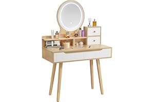 ZenkiHome Dressing Table with Round Mirror and Lights, 80cm Wide Small Vanity Desk, Wooden Color, 2 Drawers