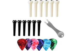 DanziX - Confezione da 12 piroli in plastica per ponte, con strumento di rimozione + 6 plettri per chitarra, nero e bianco