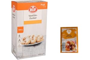 HELEN'S OWN INTERNATIONAL RUF 1kg Vanilla Sugar Bulk Box + FREE Helen's Own Baking Powder sachets (10x 15gram packs) - Catering Size Pack + Helen's Own Recipe Booklet - 1000G of Sugar - Ruf Vanillin Zucker PLUS BAKING POWDER