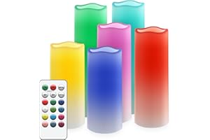 salipt Bougie LED Flamme Vacillante, Fausse Bougie Electrique Multicolore, RGB Bougies à Piles Avec Télécommande et Minuteur, Lot de 6, Diamètre 5,6 cm Hauteur 12,7 15,3 17,8 cm