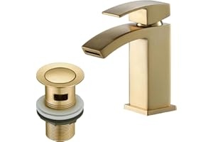 BATHWEST Square Basin Taps with Pop Up Waste, Monobloc Brass Bathroom Taps with Sink Plug 322MP (Gold, Small)