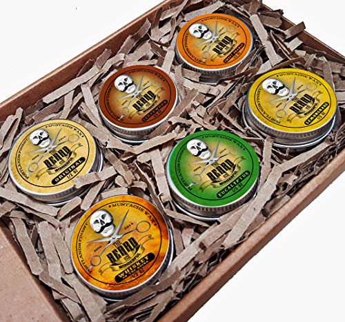 Cire à Moustache Collection 6 Boîtes X 15ml - Bois de Cèdre ,Whisky On The Rocks,Orange Douce,Eucalyptus,Citronnelle et Original Lo-Scent. pour Styling Twists,Points & Boucles - Beard And Wonderful