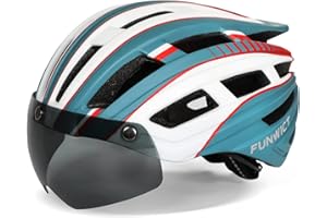 FUNWICT Casco da bicicletta da uomo e donna, con occhiali magnetici rimovibili e fodera interna, luce posteriore a LED, casco da bicicletta con visiera per ciclismo