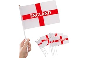 Nikolaus 12Pcs England Flags on Sticks for St. George's Day, European Euros Cup, National Patriotic Activities, Home Garden Decorations, 14 x 21cm, 30cm White Pole