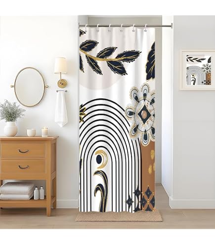 ZGDPBYF Tenda da doccia Deco a strisce geometriche oro e bianco impermeabile tenda da doccia tessuto decorazione bagno con ganci 200 W x 180 H cm