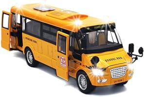 SINGER'S TOY 9" Pull Back School Bus,Light Up & Sounds Die-cast Metal Toy Vehicles with Bright Yellow and Openable Doors