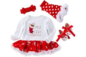 TMOYJPX Vestido Navidad Niña 0-24 Meses Princesa, My 1st Christmas' Conjunto Bebe Niña, Mono de Falda+Banda+Calcetines