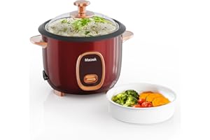 ‎MACOOK Macook Reiskocher & Dampfgarer mit Antihaft-Innentopf - 1L, Burgunderrot - Für 1-5 Personen - Schnelle Zubereitung ohne Anbrennen - Mit Warmhaltefunktion inkl. Dämpfeinsatz, Löffel & Messbecher