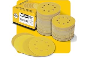 TPMAX 100PCS 125mm 8 Hole Sanding Discs Sandpaper Mixed Grits - Premium Gold Round Hook and Loop for Random Orbital Sander (60, 80, 120, 220, 320 Grit Variety Pack)