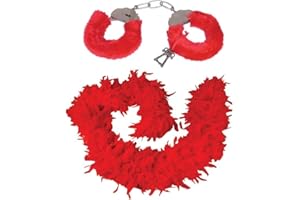 STYLEX 85G Thick Red Feather Boa & Fluffy Hand Cuffs Valentines Hen Night Set