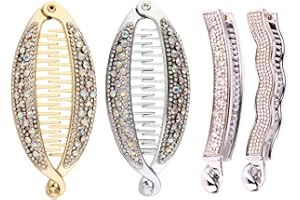 Nifocc Fermagli per capelli a banana con strass, a coda di pesce, con denti in cristallo, per donne e ragazze, 4 pezzi, oro e argento