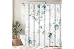 Uiiooazy Tenda Doccia Antimuffa, Tenda da Doccia 180x180cm Foglie Blu Verde Eucalipto Fiori Bianco Tende da Bagno Tessuto Lavabile Impermeabile Poliestere Tende per Vasca da Bagno con 12 Anelli