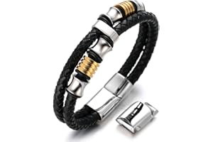 HALUKAKAH Kids ● Honor Junior ● Boy's Genuine Leather Bracelet 6-12 Y/O. Titanium Honor Gold Beads Golden Magnetic Clasp Size Adjustable 18-19.5cm with Free Giftbox