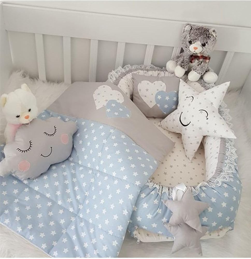 Nest Mavi Yıldız Gri Kombin 5 Parça Lüx Jaju-babynest Anne Yanı Bebek Yatağı Set