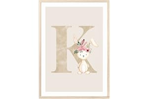 MeinBaby123® Poster avec lettres DIN A4 pour chambre d'enfant fille et garçon,Décoration pour chambre de bébé,Images pour chambre d'enfant,Idée de naissance,Lettre initiale K (lapin,K)