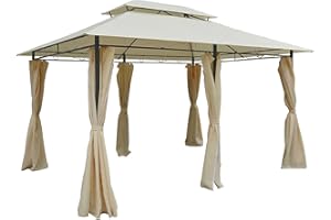 Outsunny Pavillon 3x4m Gartenpavillon mit 6 Seitenteilen Partyzelt Gartenzelt Festzelt mit Doppeldach Beige+Dunkelgrau