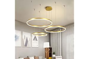 WAYLUOUNG Moderner LED Kronleuchter, 3 Ringe (20+40+60cm) 45W, Dimmbare Fernbedienung Metall Acryl LED Pendelleuchte, Gebürstete Ringe Decken Hängelampe, Wohnzimmer Schlafzimmer Foyer Esszimmer Küche (Golden)